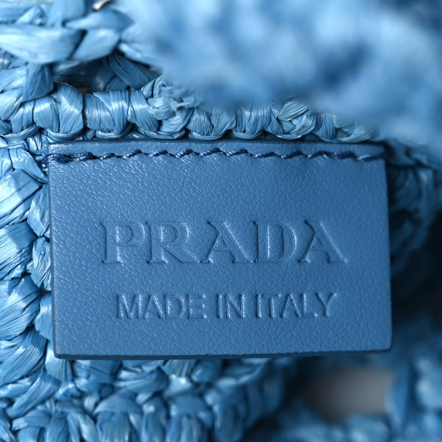 Prada Yarn Raffia Effect Crochet Logo Embroidered Tote Bag Celeste
