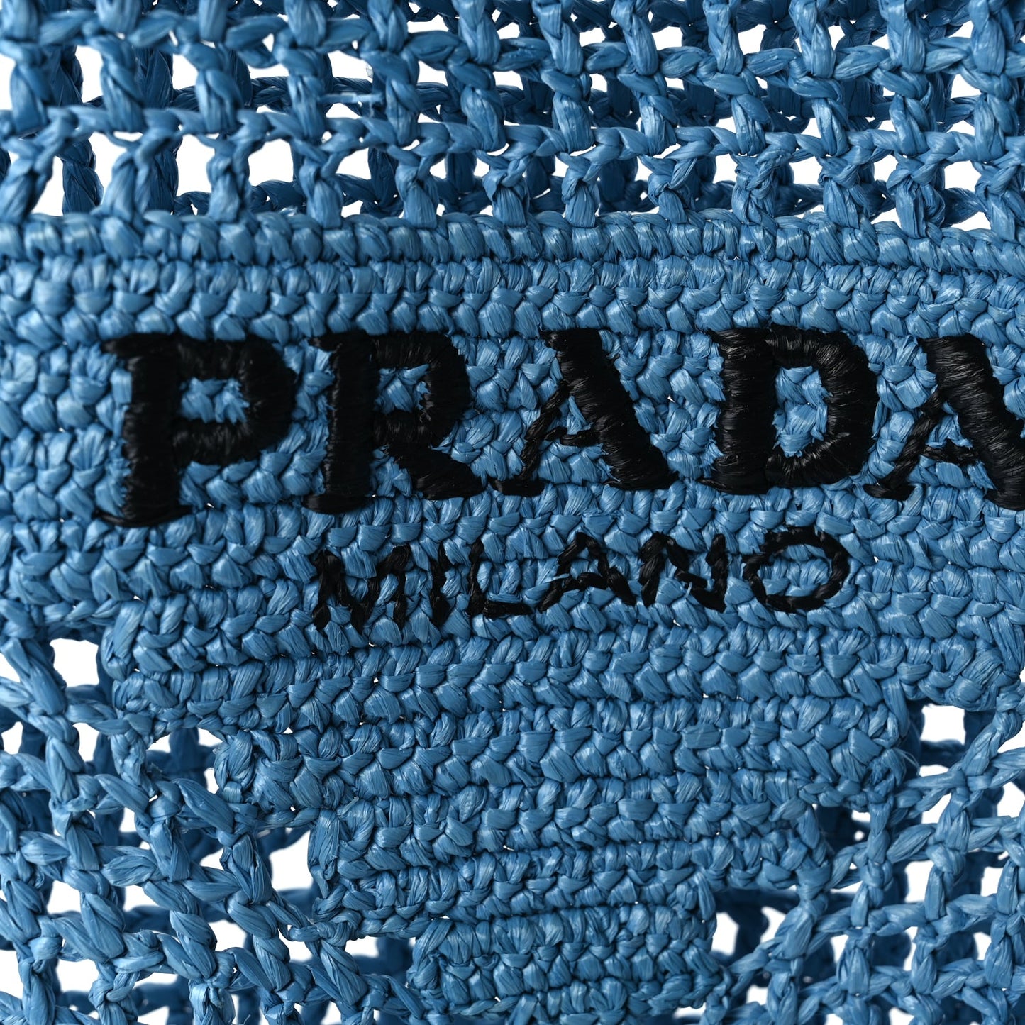 Prada Yarn Raffia Effect Crochet Logo Embroidered Tote Bag Celeste
