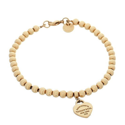 Tiffany & Co 18ct Yellow Gold Enamel 4mm Return To Tiffany Mini Heart Tag Bead Bracelet Blue