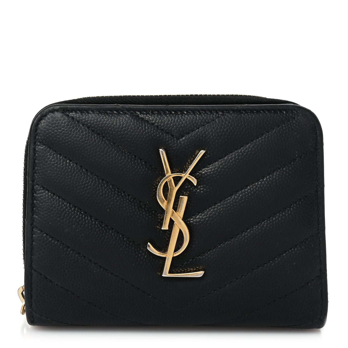 Saint Laurent Grain De Poudre Matelasse Chevron Monogram Compact Zip Around Wallet Black