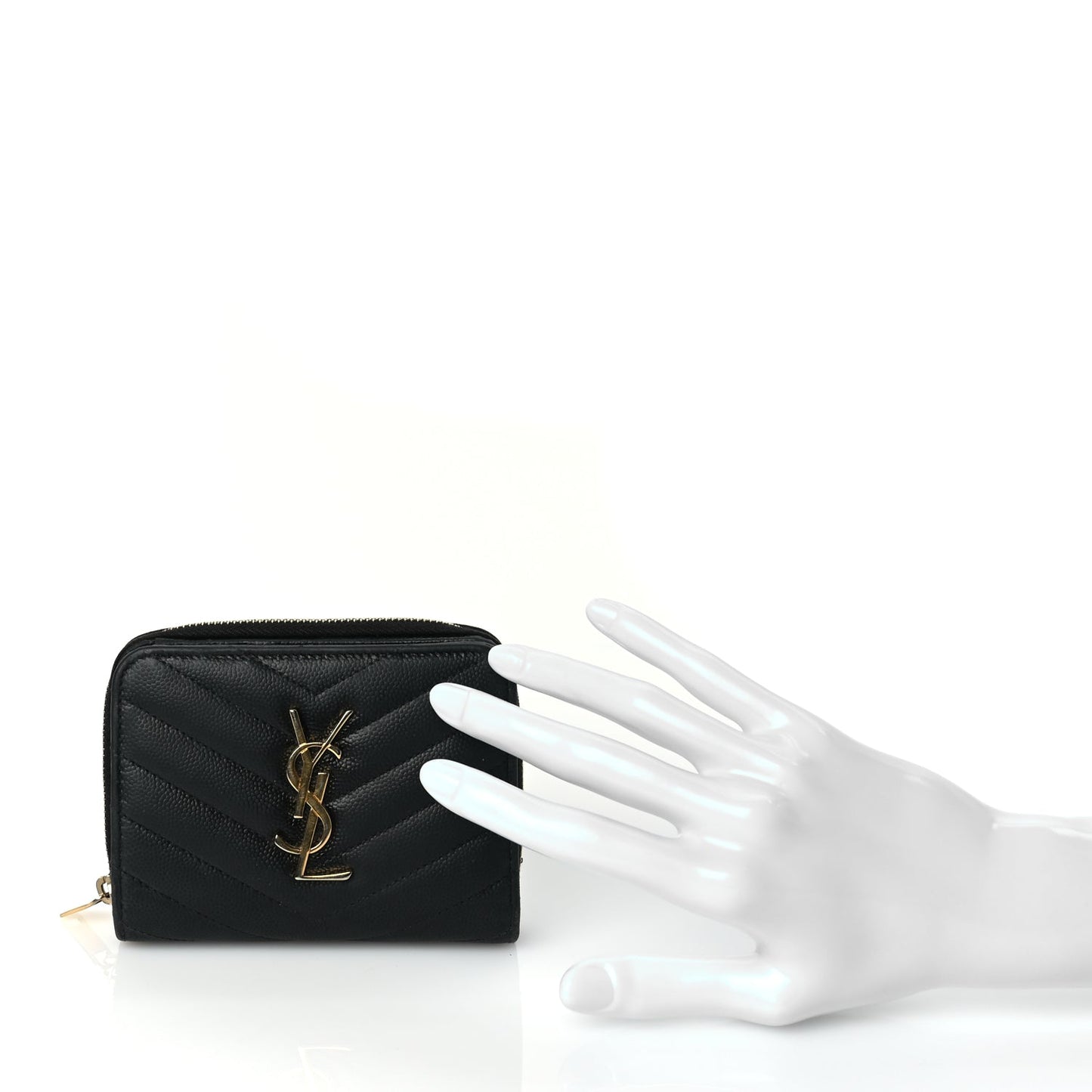 Saint Laurent Grain De Poudre Matelasse Chevron Monogram Compact Zip Around Wallet Black