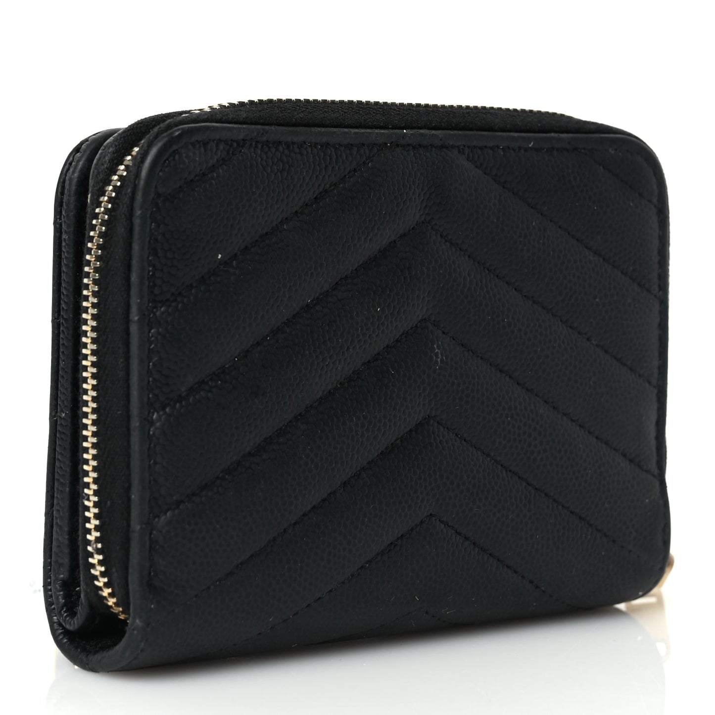 Saint Laurent Grain De Poudre Matelasse Chevron Monogram Compact Zip Around Wallet Black