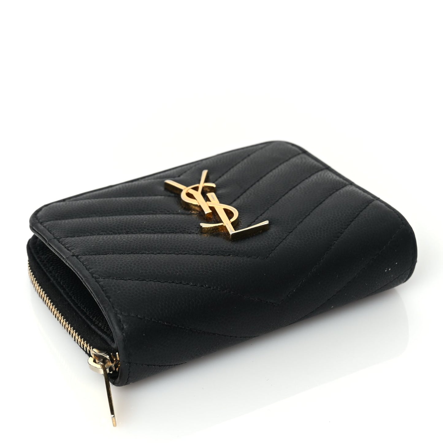 Saint Laurent Grain De Poudre Matelasse Chevron Monogram Compact Zip Around Wallet Black