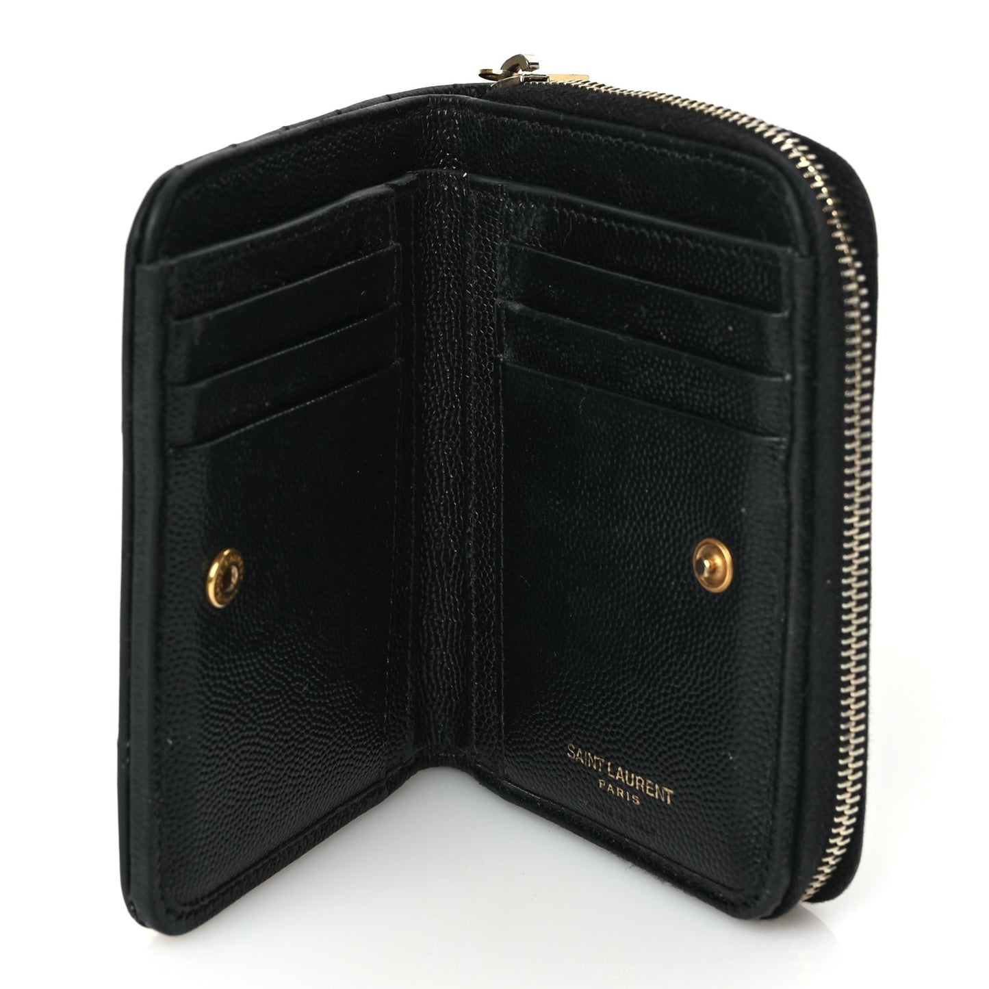 Saint Laurent Grain De Poudre Matelasse Chevron Monogram Compact Zip Around Wallet Black