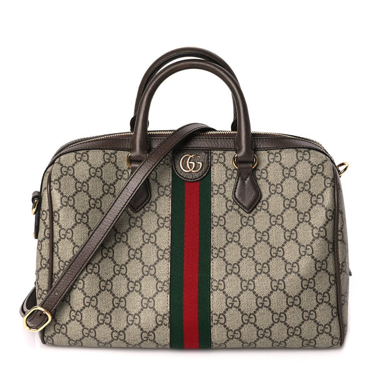 Gucci GG Supreme Monogram Web Medium Ophidia Top Handle Bag Beige Ebony
