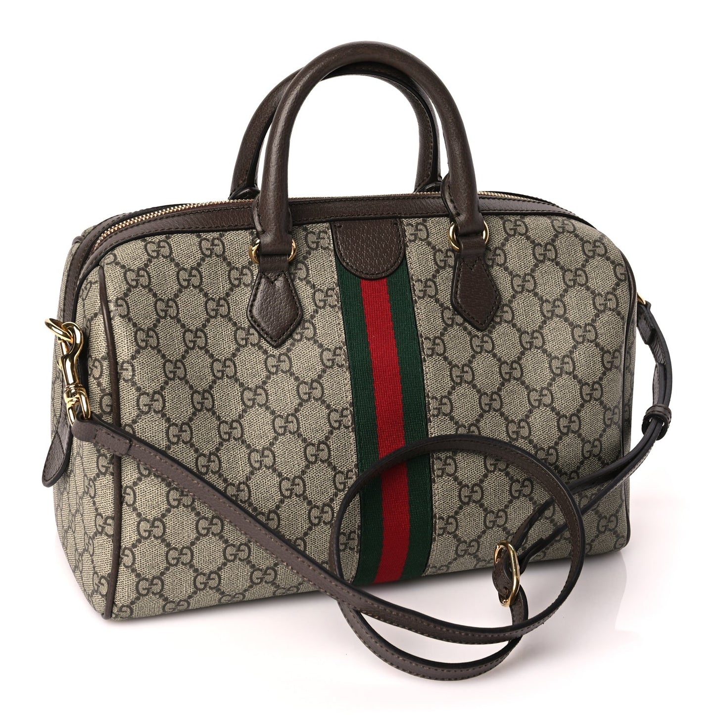Gucci GG Supreme Monogram Web Medium Ophidia Top Handle Bag Beige Ebony
