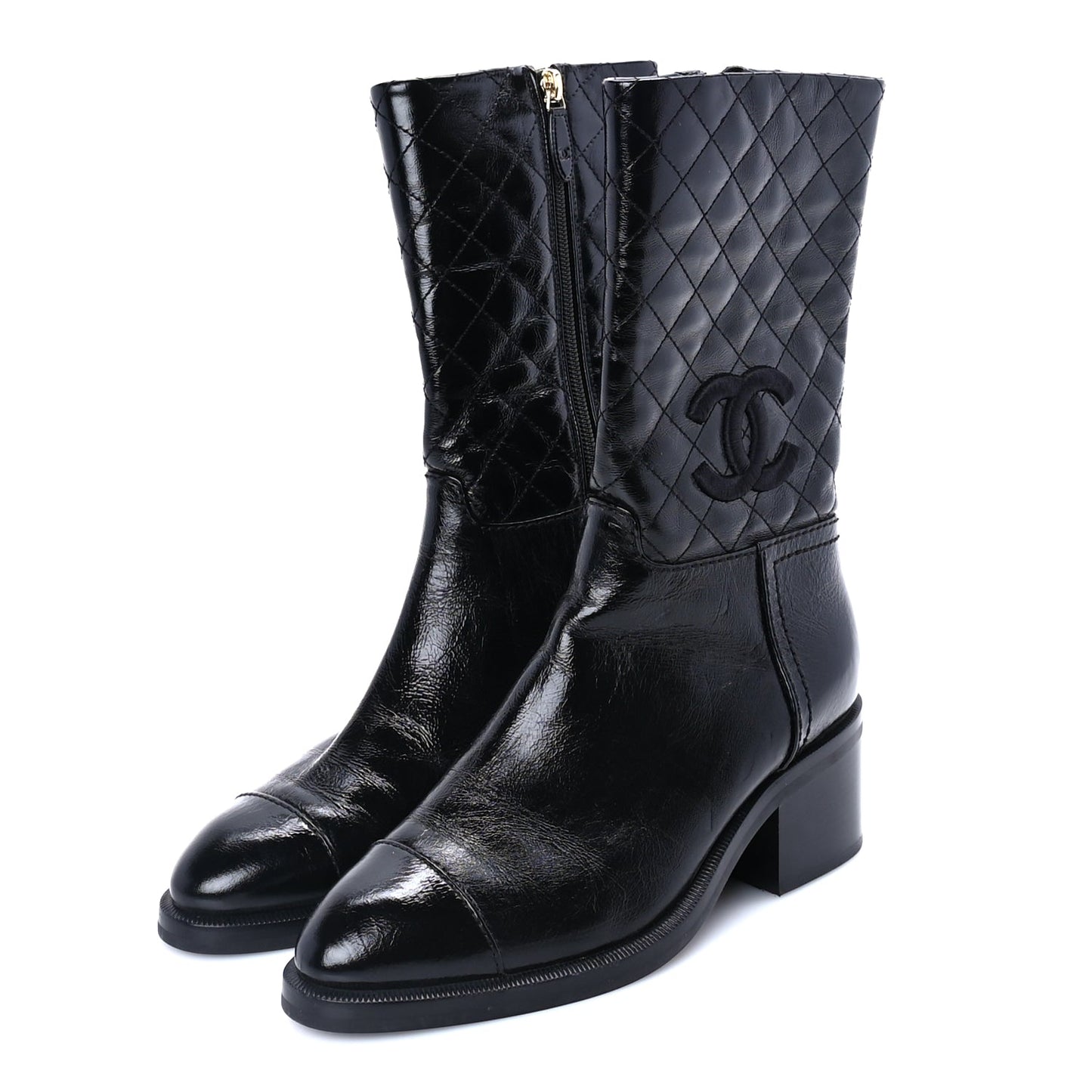 Chanel Shiny Crumpled Calfskin Quilted CC High Boots 37.5 Black