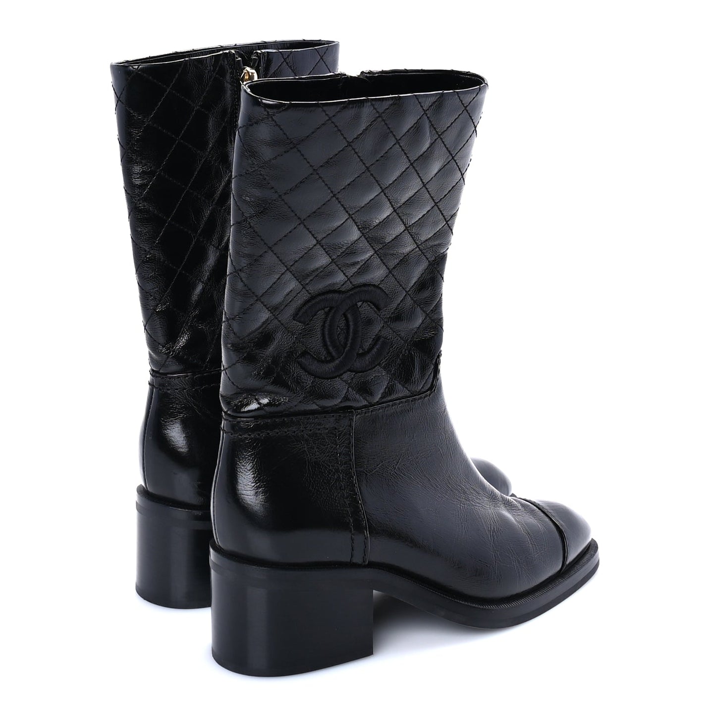 Chanel Shiny Crumpled Calfskin Quilted CC High Boots 37.5 Black