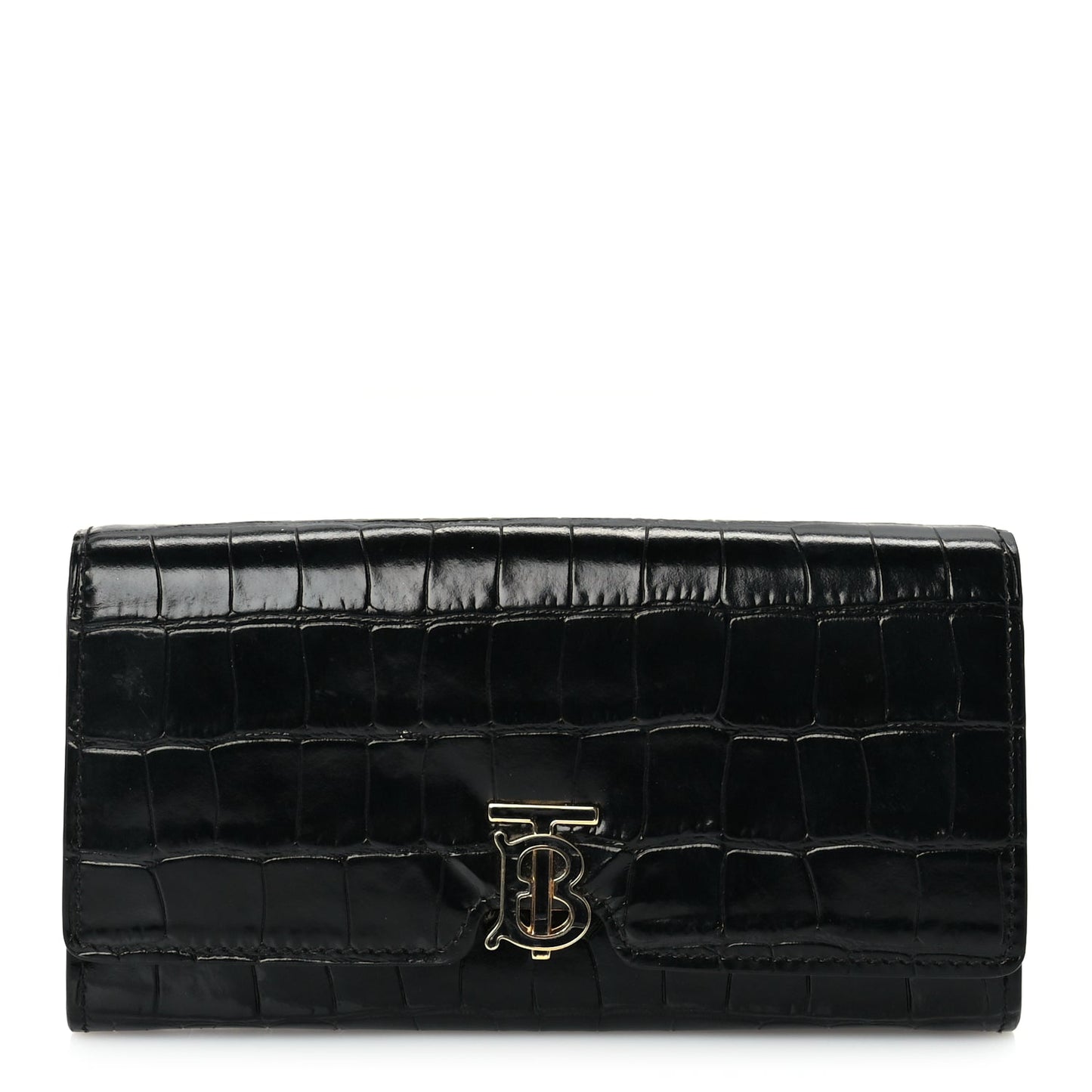 Burberry Calfskin Crocodile Embossed TB Continental Wallet Black