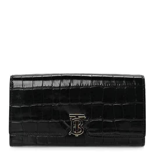 Burberry Calfskin Crocodile Embossed TB Continental Wallet Black