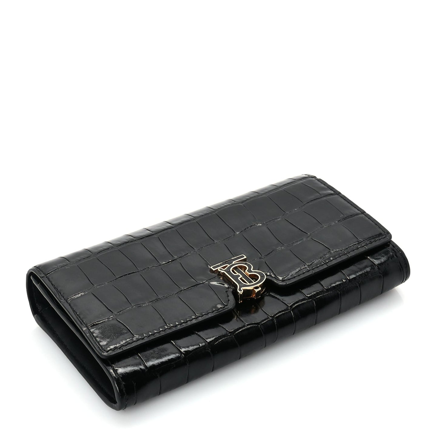Burberry Calfskin Crocodile Embossed TB Continental Wallet Black