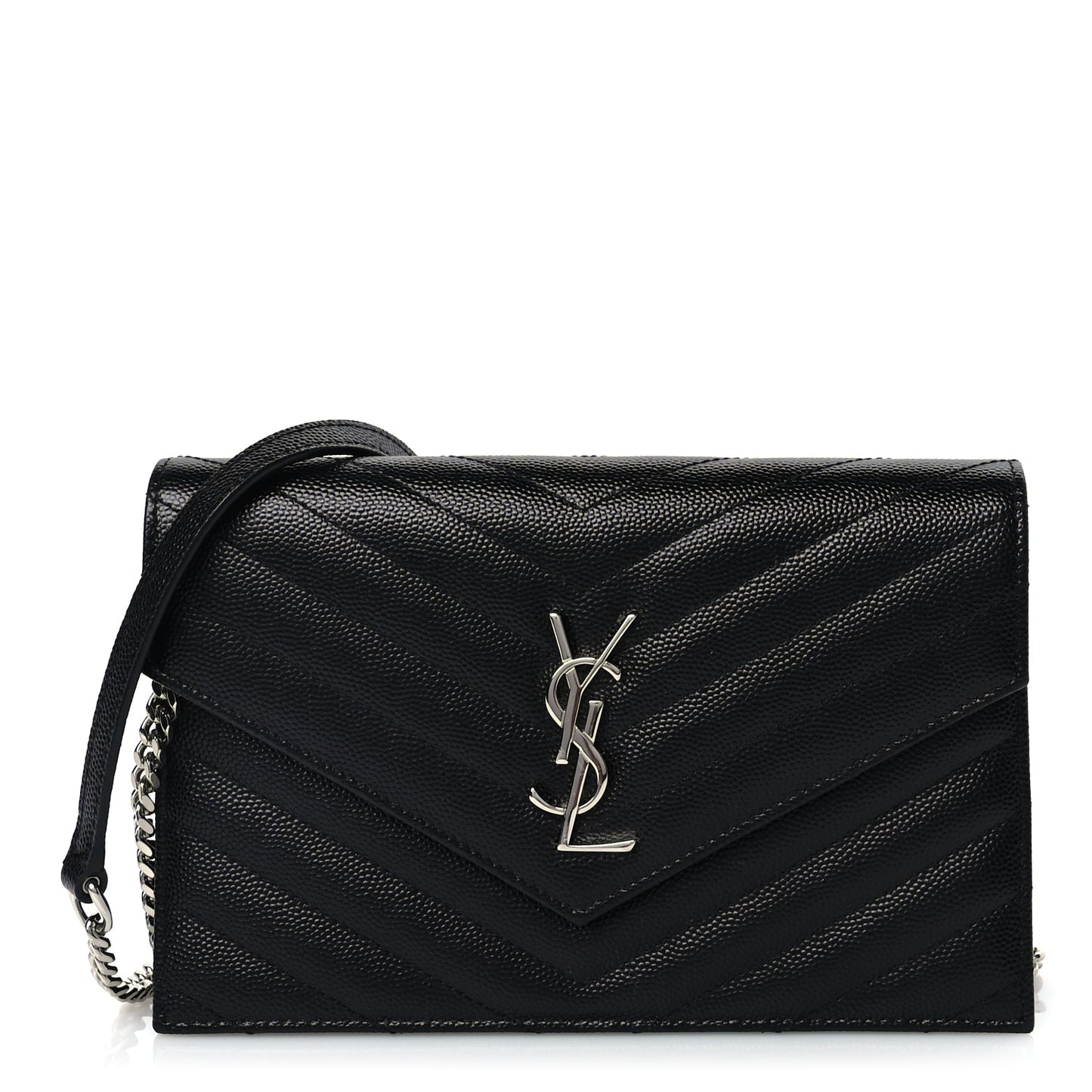 Saint Laurent Grain De Poudre Matelasse Chevron Monogram Envelope Chain Wallet Black