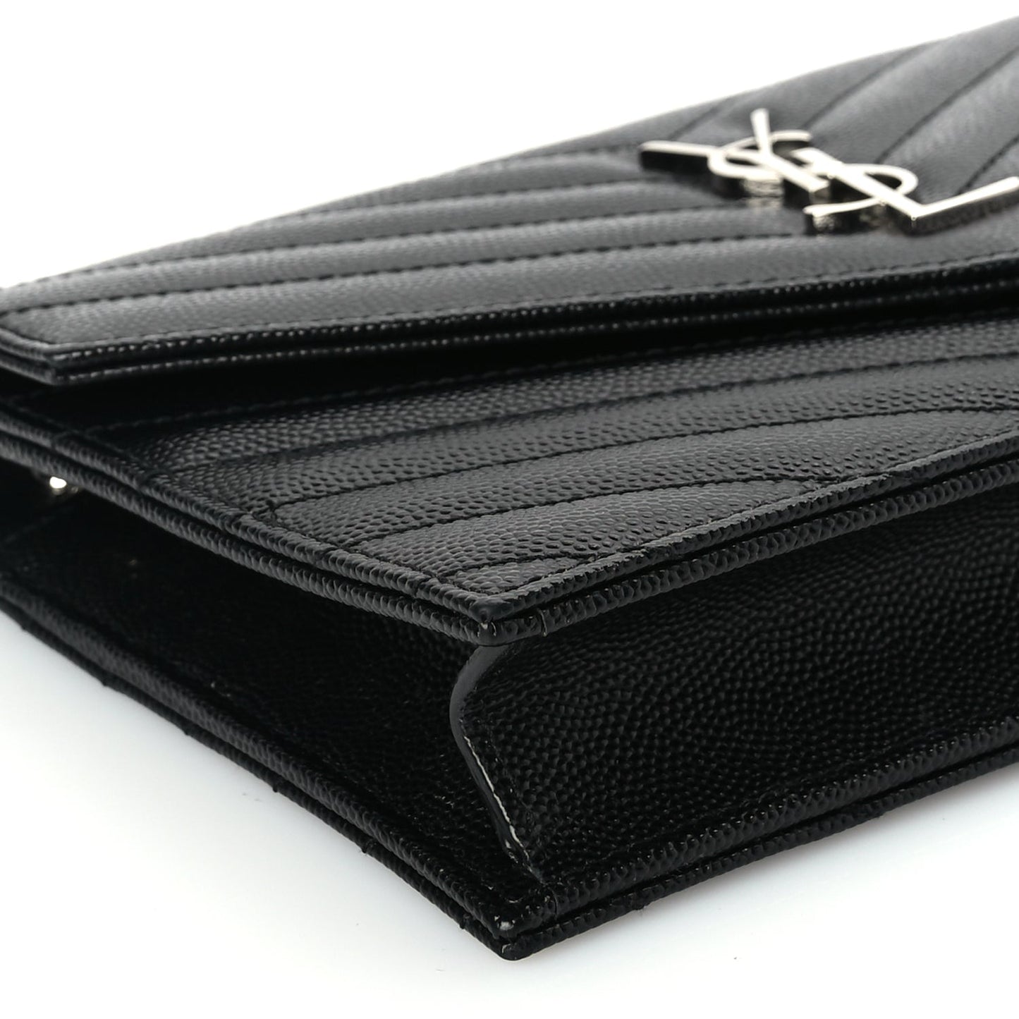 Saint Laurent Grain De Poudre Matelasse Chevron Monogram Envelope Chain Wallet Black
