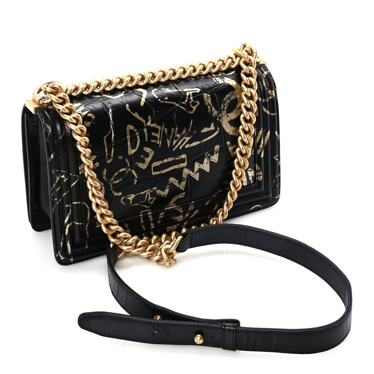 Chanel Calfskin Crocodile Embossed Graffiti Cocodile Medium Boy Flap Black