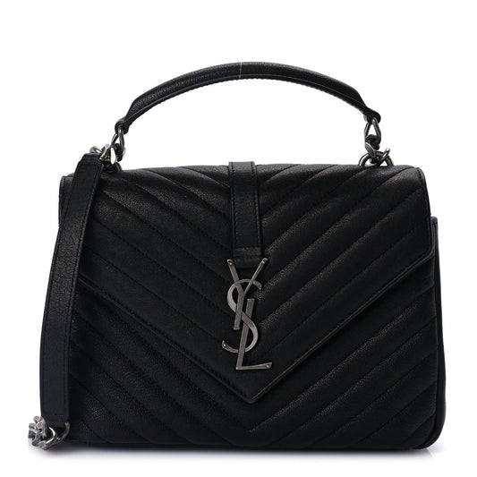 Saint Laurent Sheepskin Matelasse Chevron Monogram Medium College Bag  Black