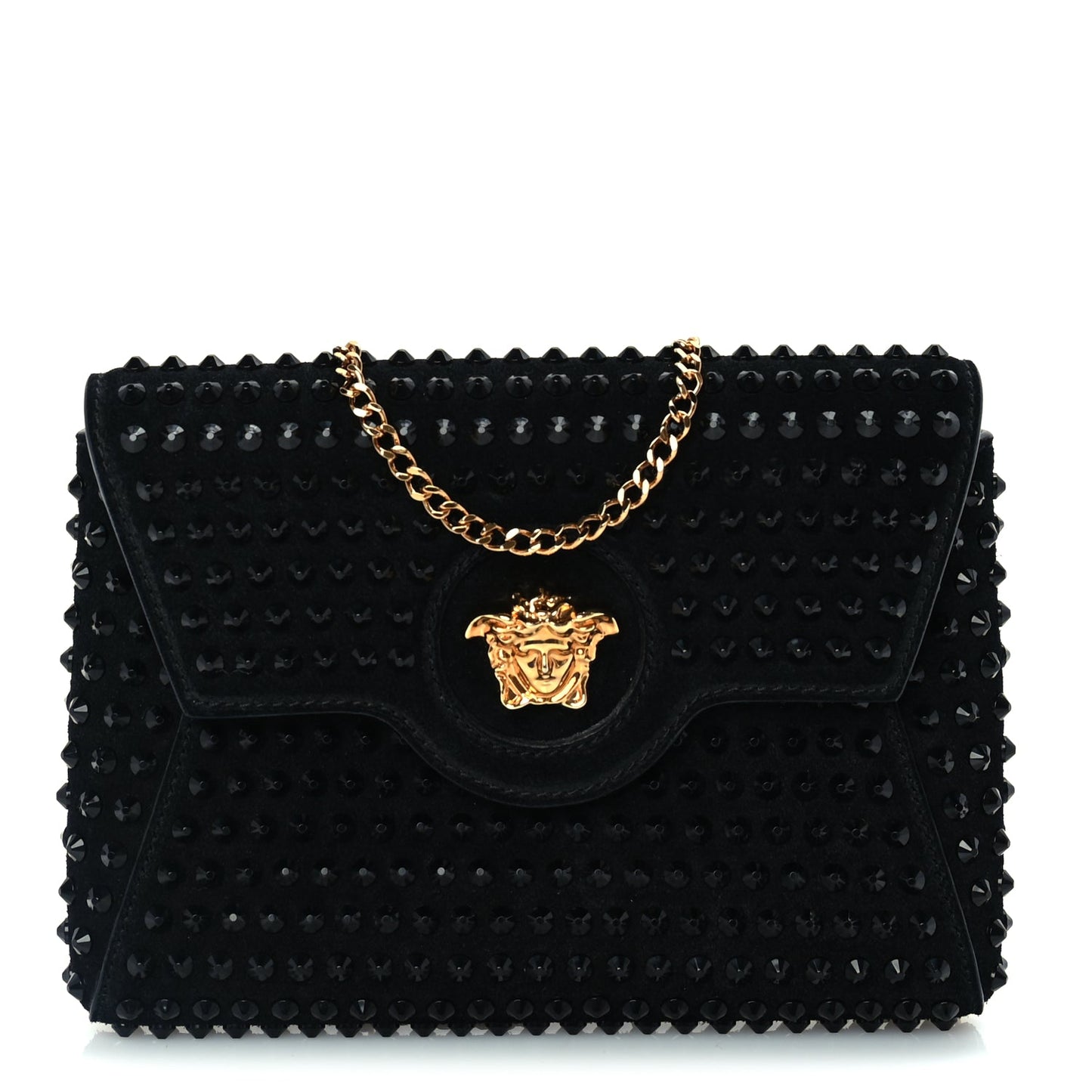 Versace Suede Studded Medusa Chain Clutch Black
