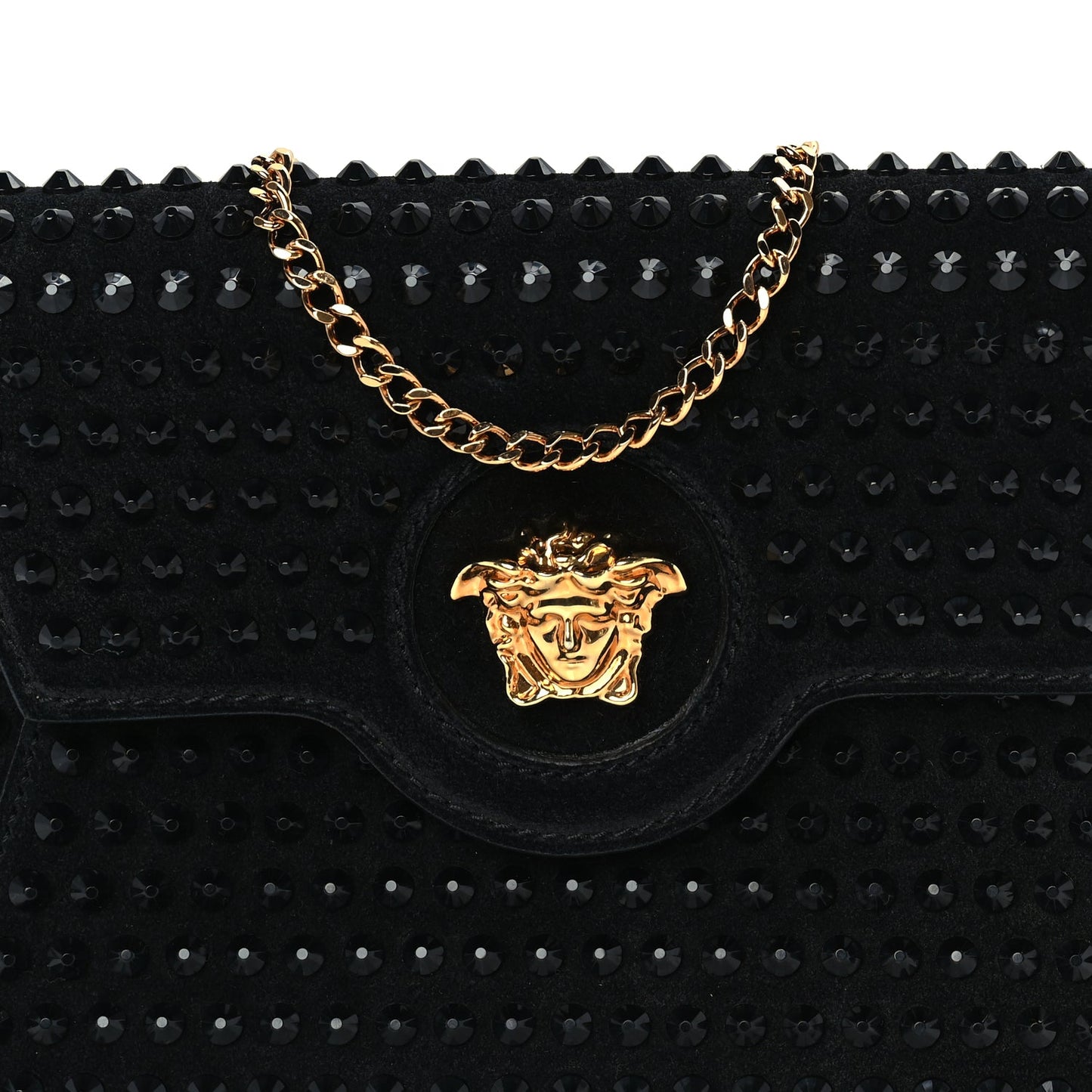 Versace Suede Studded Medusa Chain Clutch Black