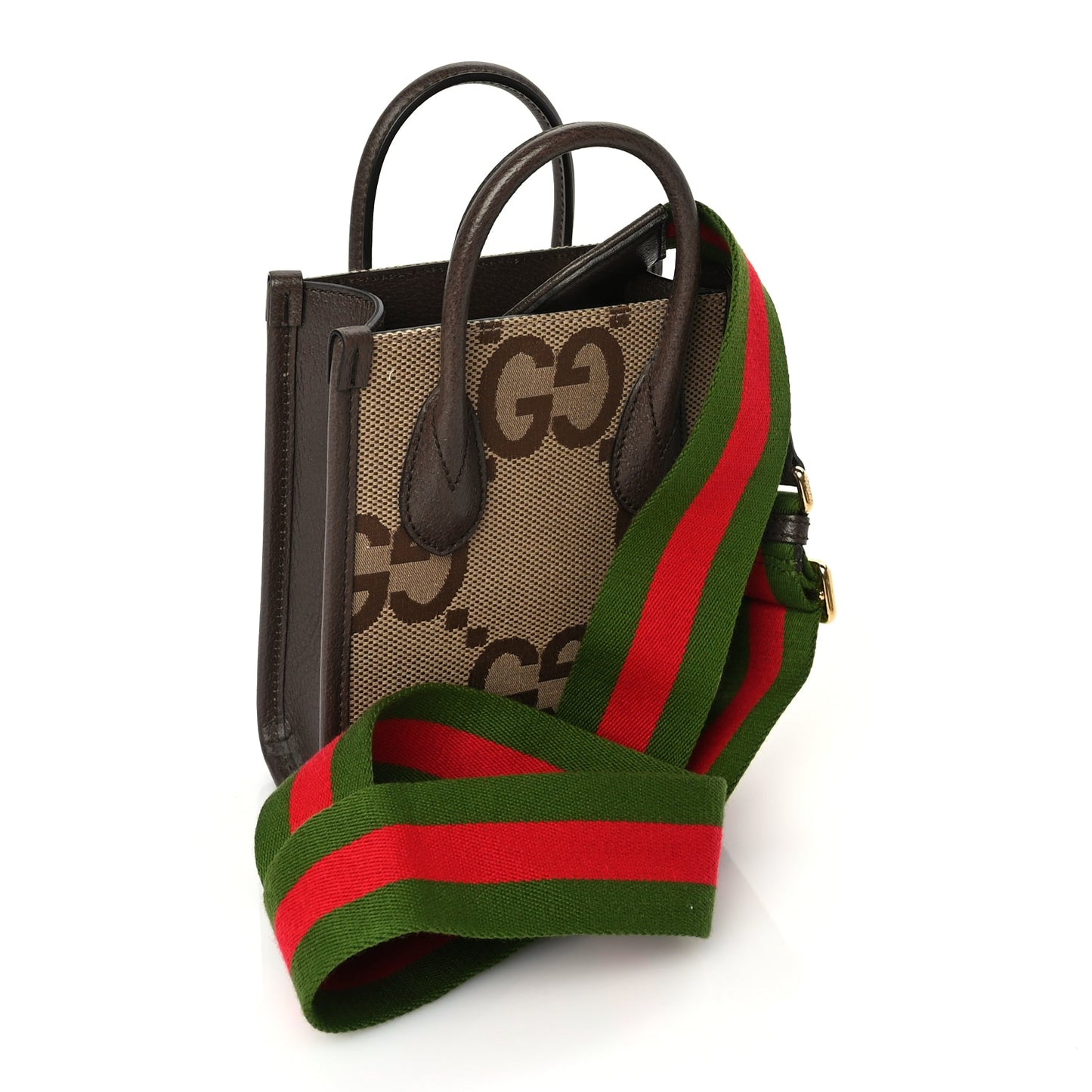 Gucci GUCCI Monogram Jumbo GG Textured Dollar Calfskin Web Mini Vertical Tote Camel Ebony New Acero