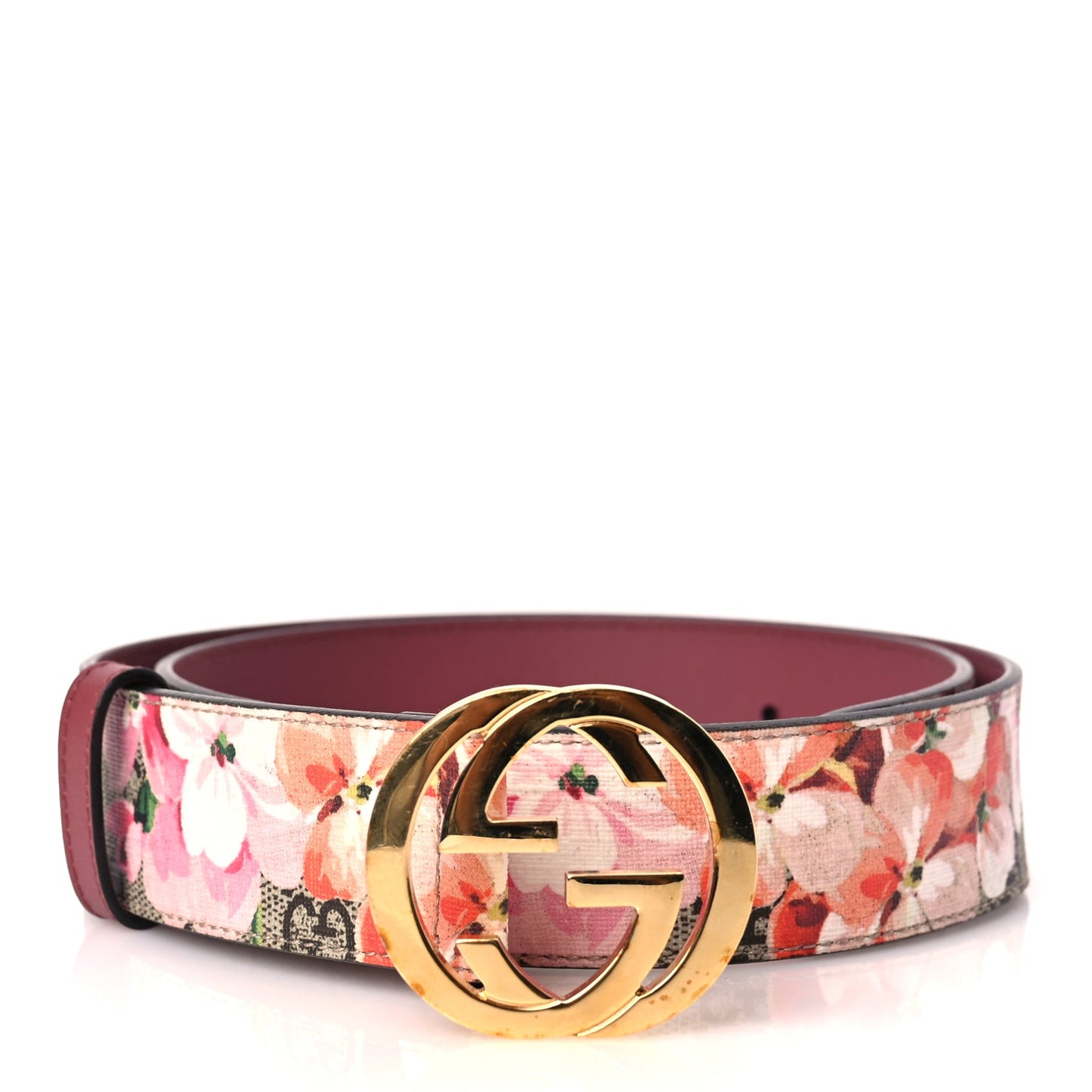 Gucci GG Supreme Monogram Blooms Moon Calfskin Interlocking G 37mm Belt 80 32 Beige Ebony Multicolor Dry Rose