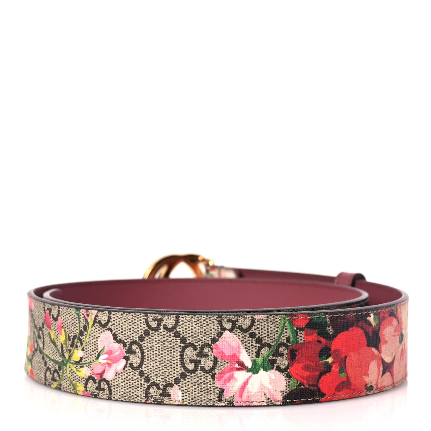 Gucci GG Supreme Monogram Blooms Moon Calfskin Interlocking G 37mm Belt 80 32 Beige Ebony Multicolor Dry Rose