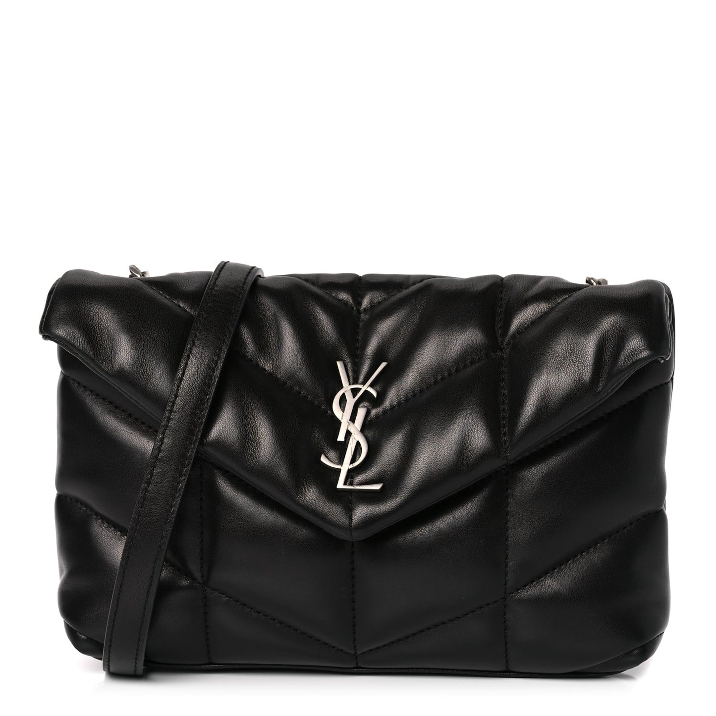 Saint Laurent Lambskin Quilted Toy Loulou Puffer Monogram Chain Satchel Black