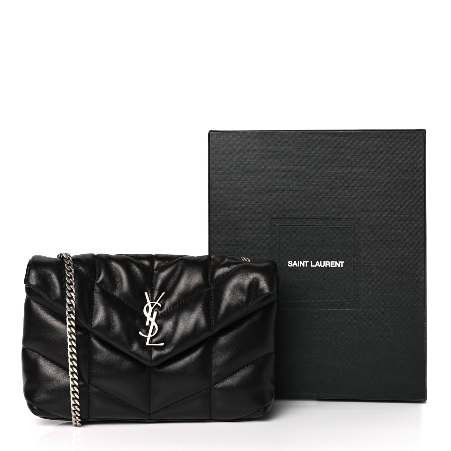 Saint Laurent Lambskin Quilted Toy Loulou Puffer Monogram Chain Satchel Black