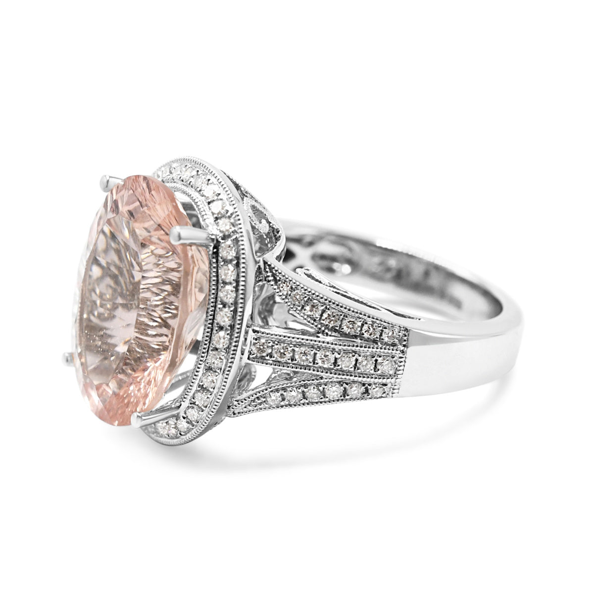 Oval Morganite & Diamond Cluster Dress Ring - 14ct White Gold