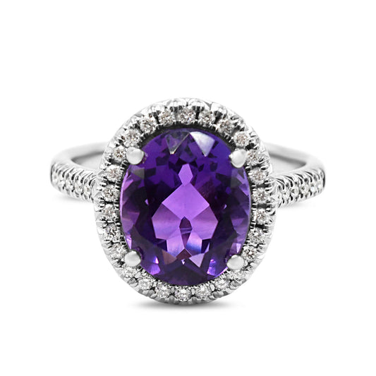 Oval Amethyst & Brilliant Cut Diamond Cluster Ring, Diamond Shoulders