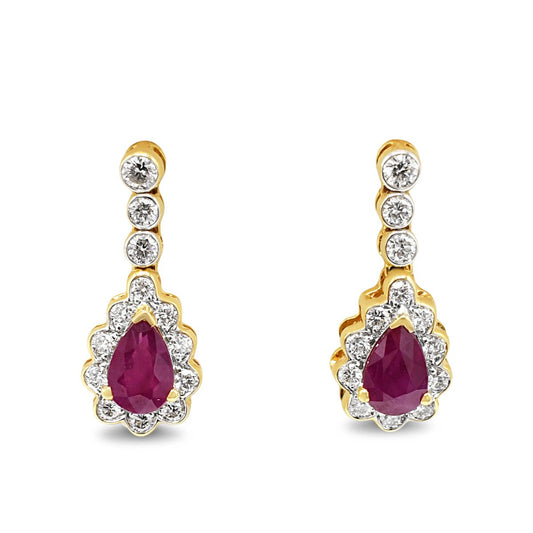 Ruby & Brilliant Cut Diamond Drop Earrings - 18ct Yellow Gold