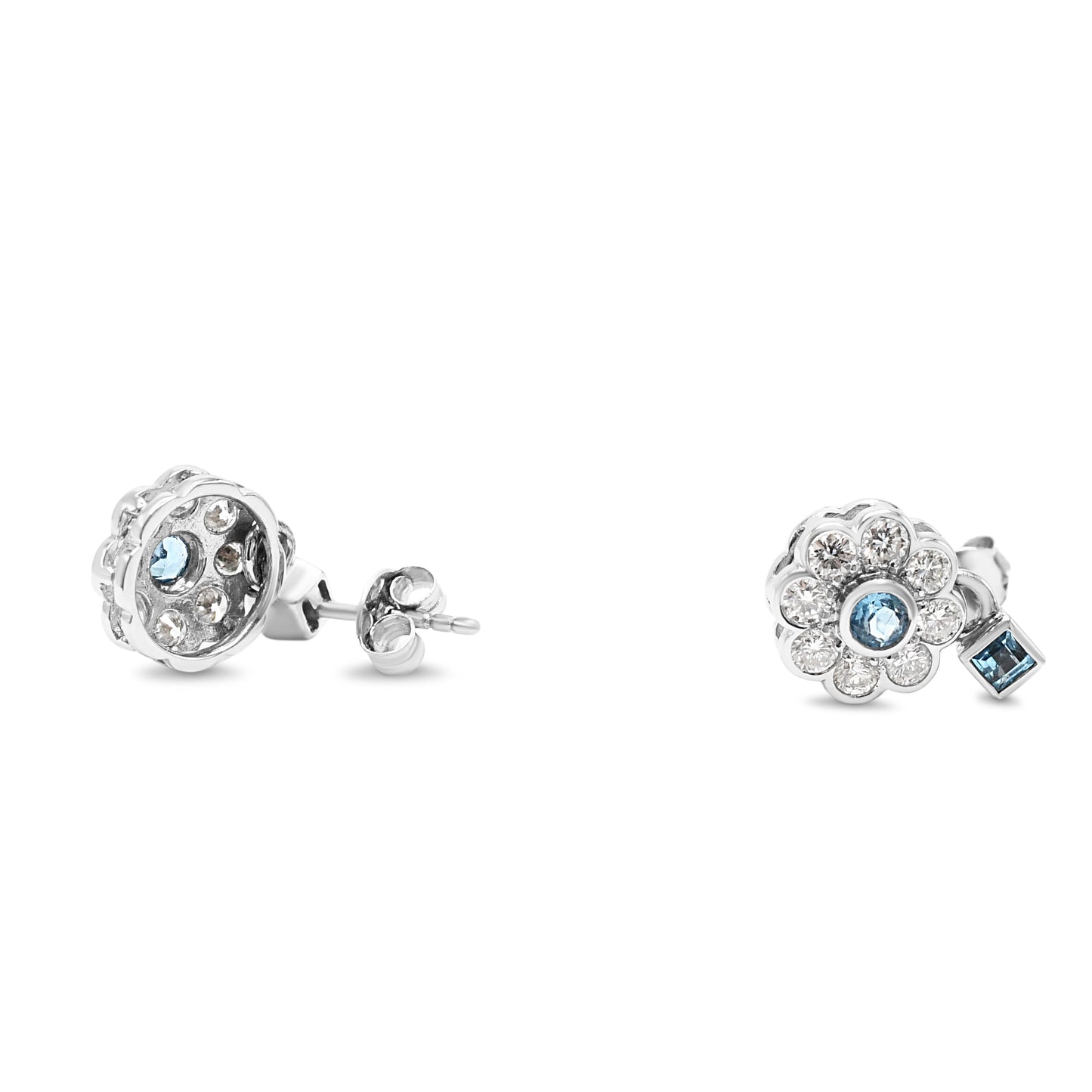 Blue Topaz & Brilliant Cut Diamond Cluster Drop Earrings - 18ct White