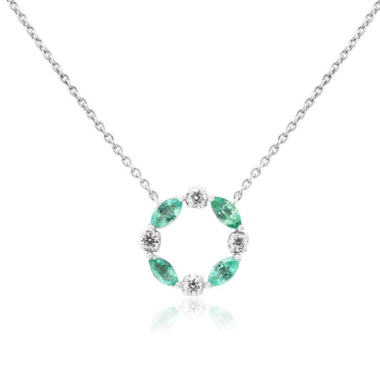 Emerald & Diamond Circular Pendant 16" Necklace - 18ct White Gold