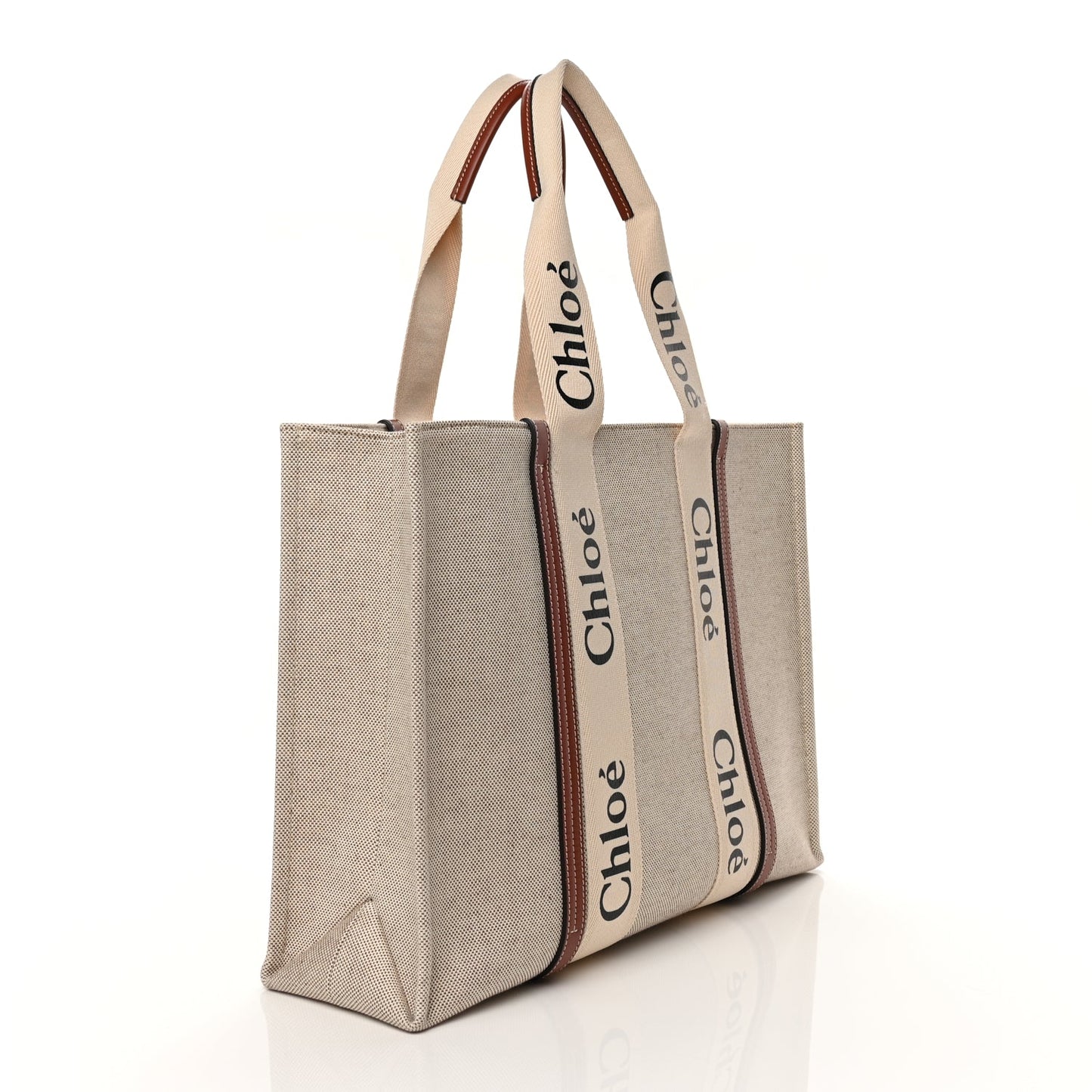 Chloe Cotton Calfskin Large Woody Ribbon Tote White Brown