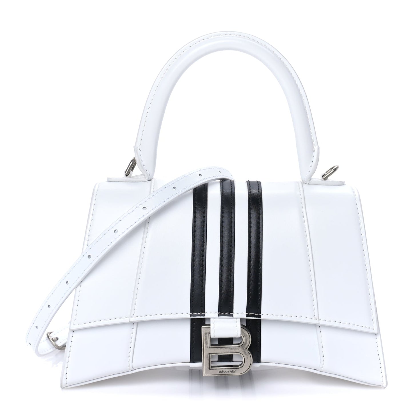 Balenciaga X ADIDAS Shiny Box Calfskin Small Hourglass Top Handle Bag  Off White Black