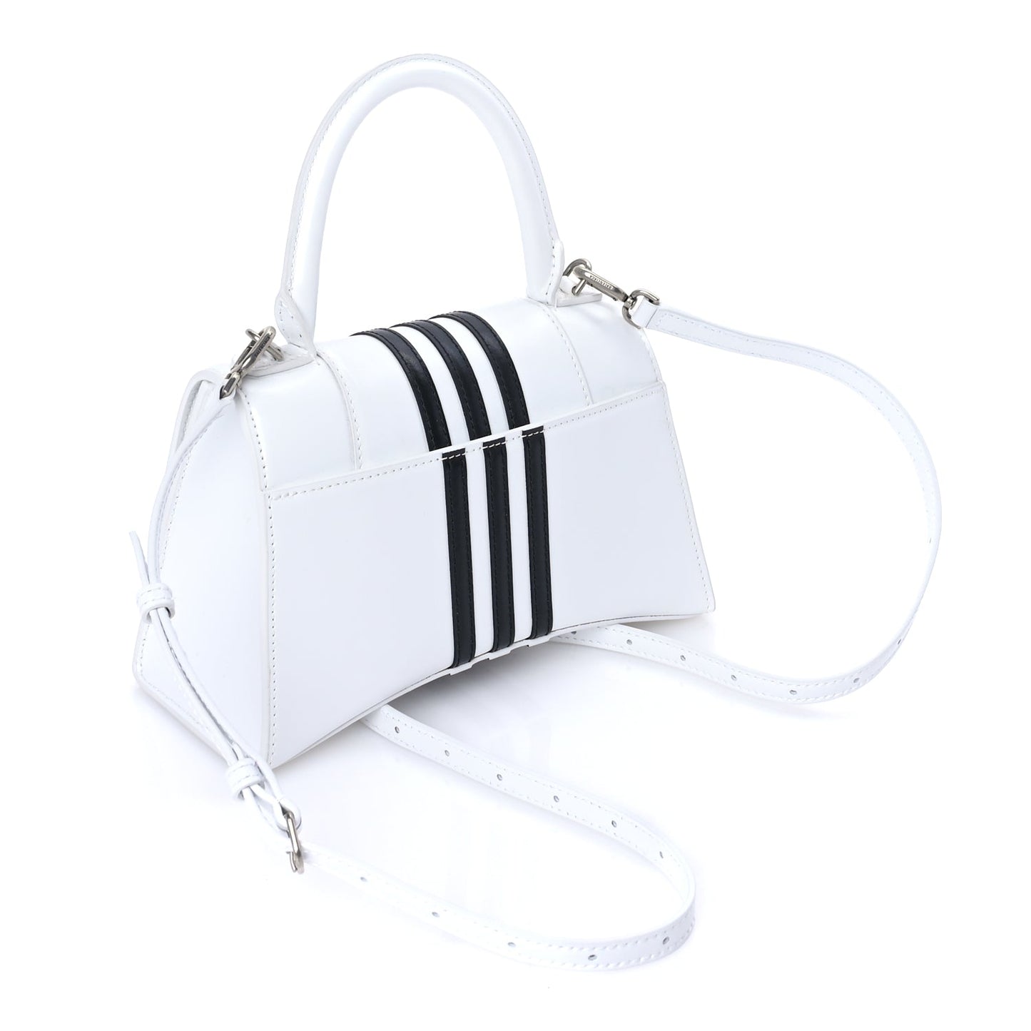 Balenciaga X ADIDAS Shiny Box Calfskin Small Hourglass Top Handle Bag  Off White Black