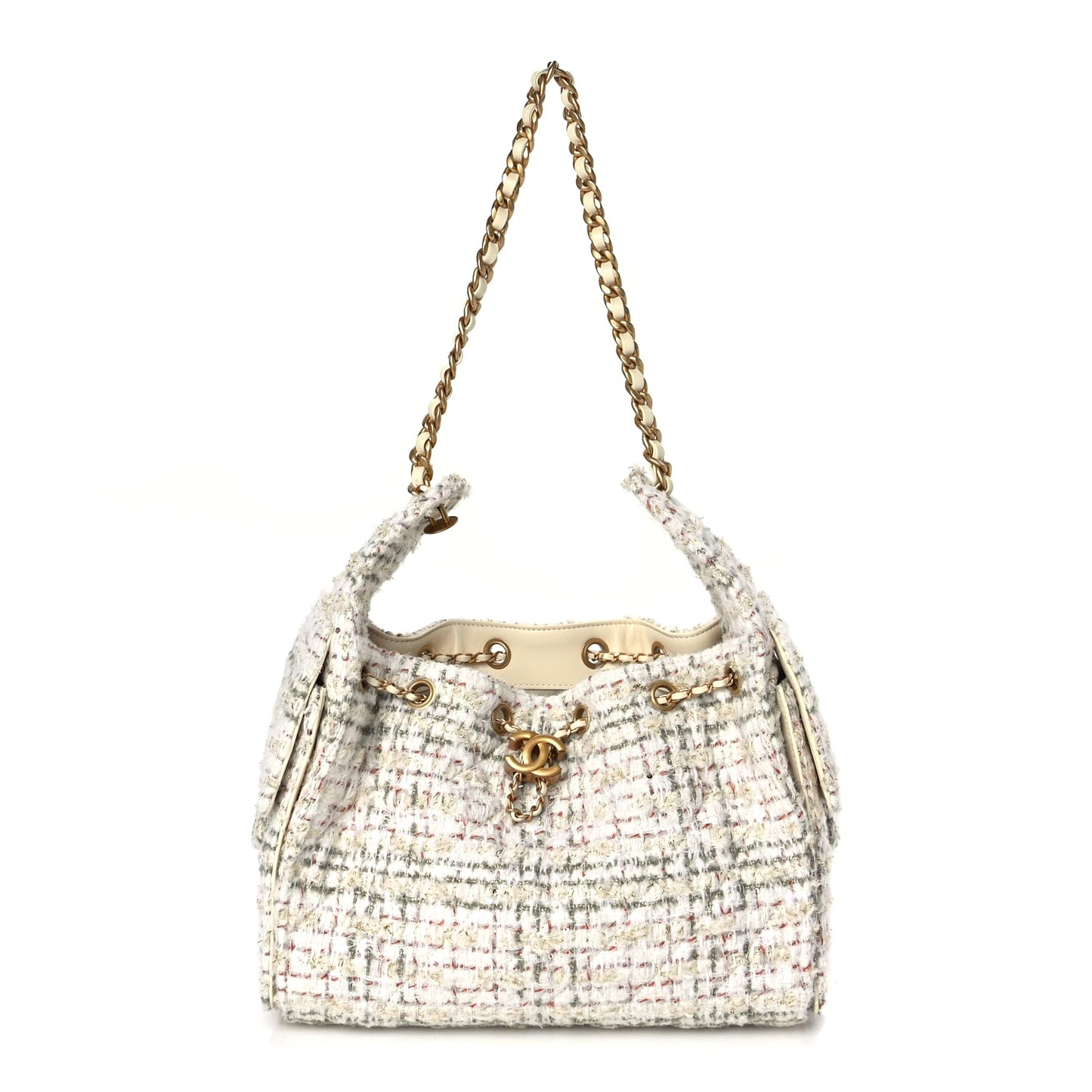 Chanel Tweed Quilted Small Chanel 25 Handbag Ecru Khaki Gold Red