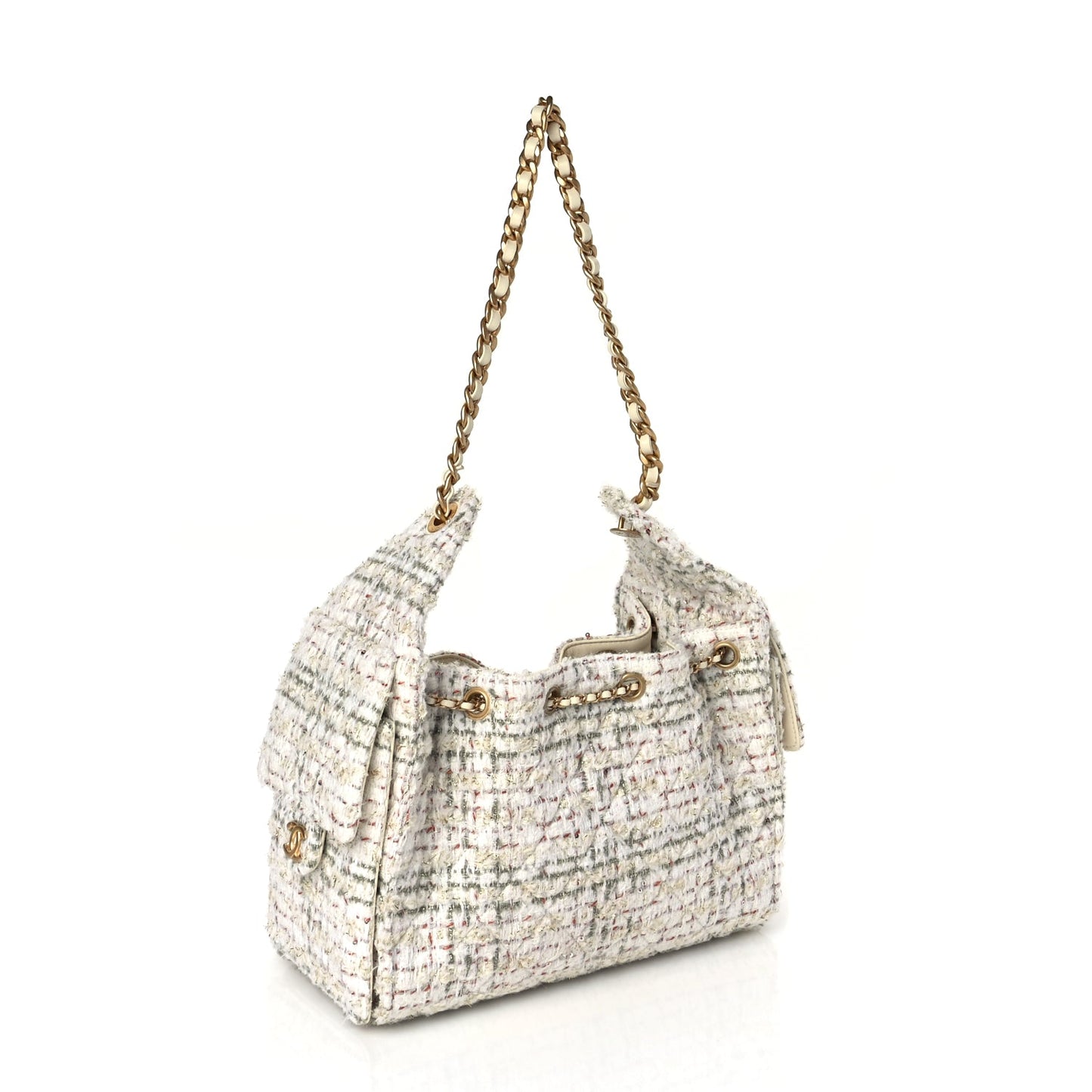 Chanel Tweed Quilted Small Chanel 25 Handbag Ecru Khaki Gold Red