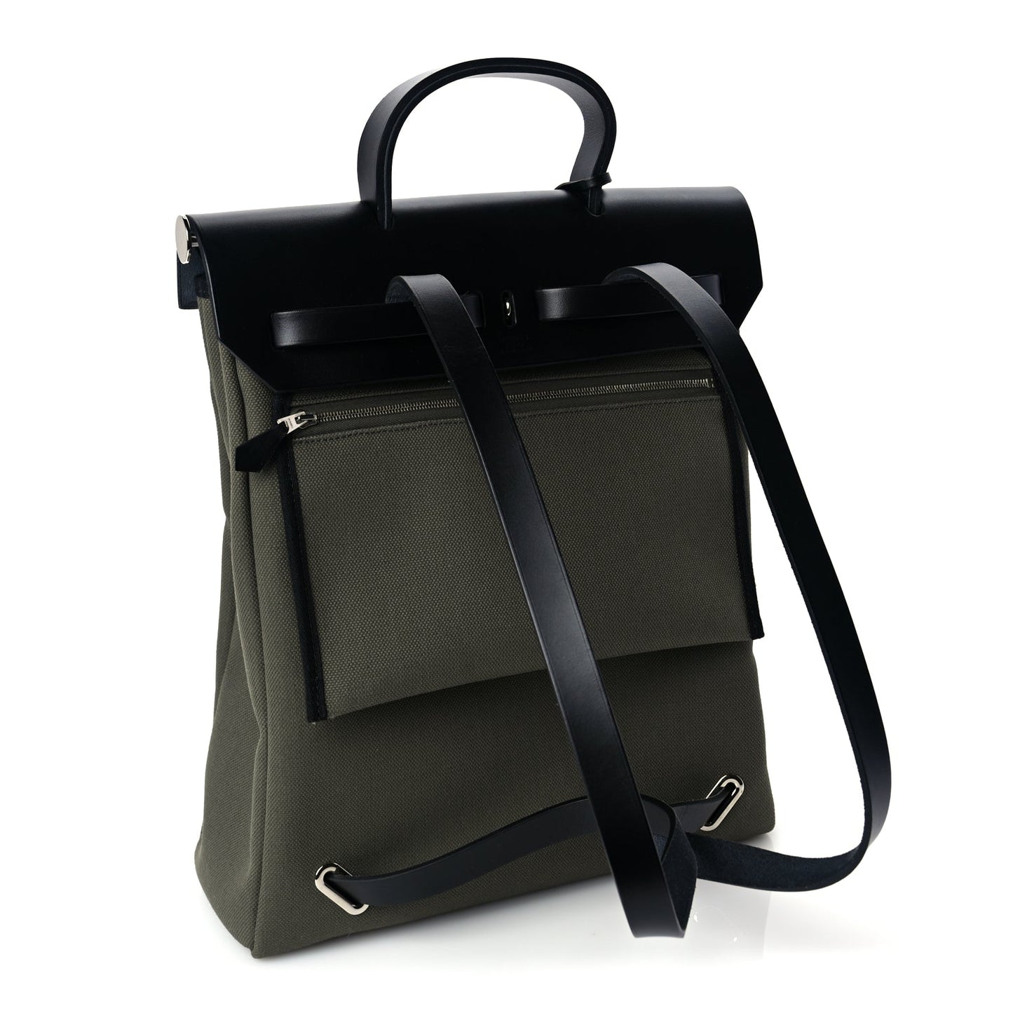 Hermes Military Toile Vache Hunter Herbag a Dos Zip Retourne Backpack Vert De Gris Black