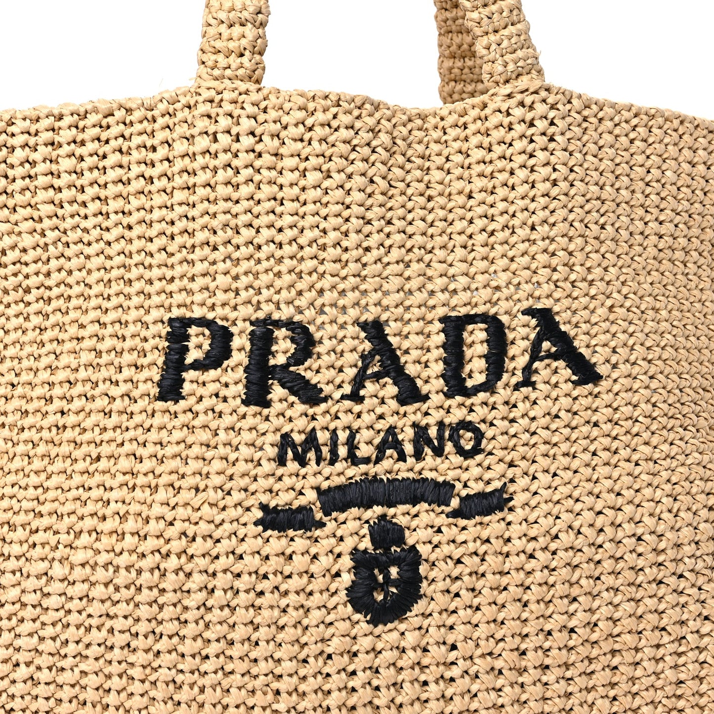 Prada Yarn Raffia Effect Crochet Embroidered Logo Tote Naturale