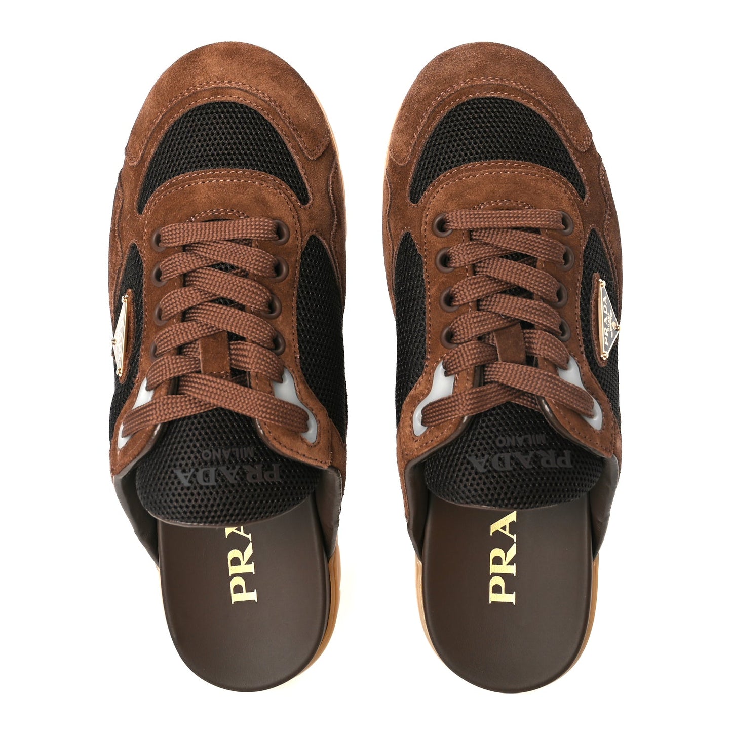 Prada Rete Scamosciato Triangle Logo Trail Mules 36 Cacao
