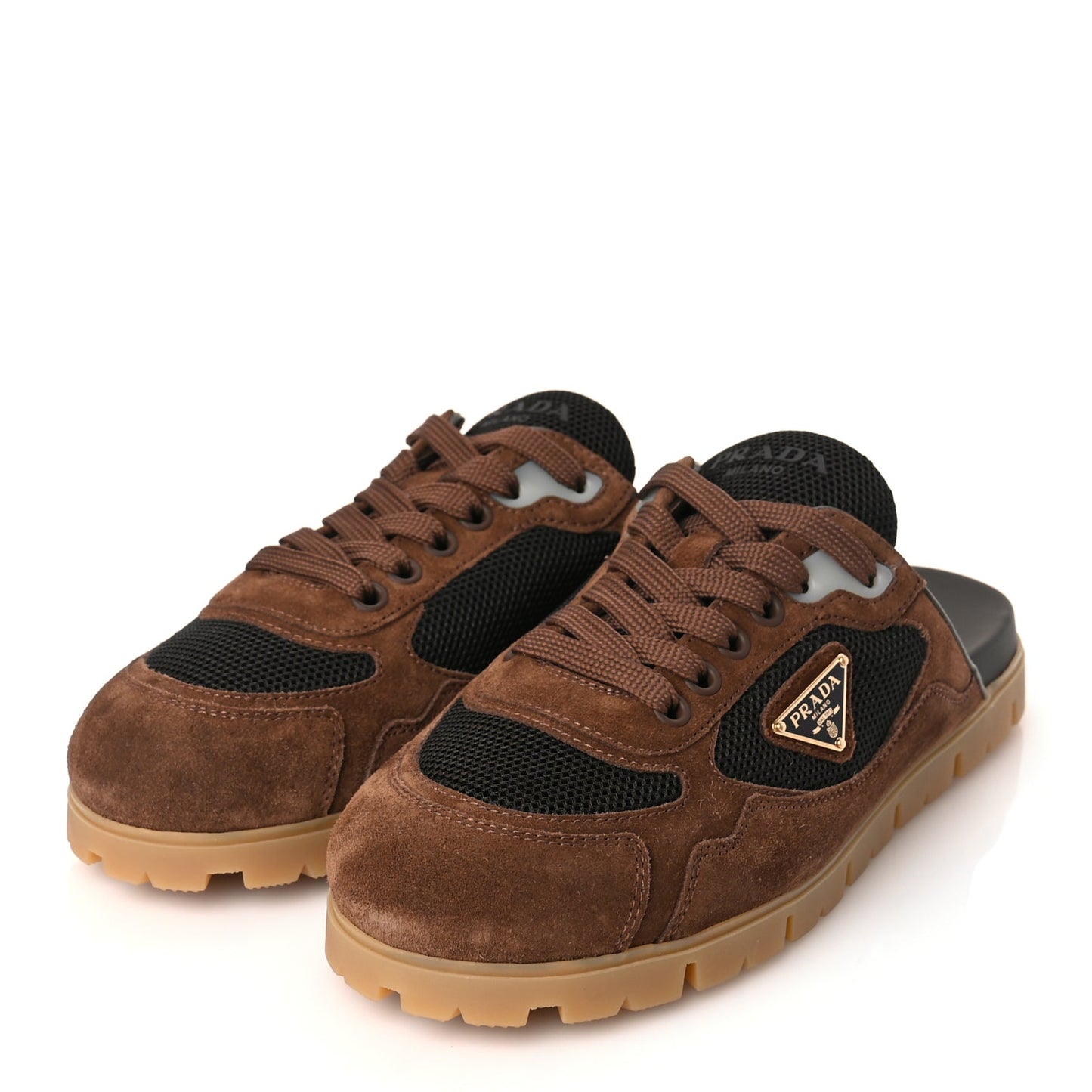Prada Rete Scamosciato Triangle Logo Trail Mules 36 Cacao