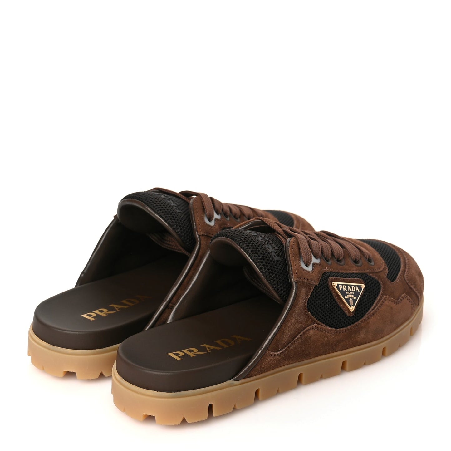 Prada Rete Scamosciato Triangle Logo Trail Mules 36 Cacao