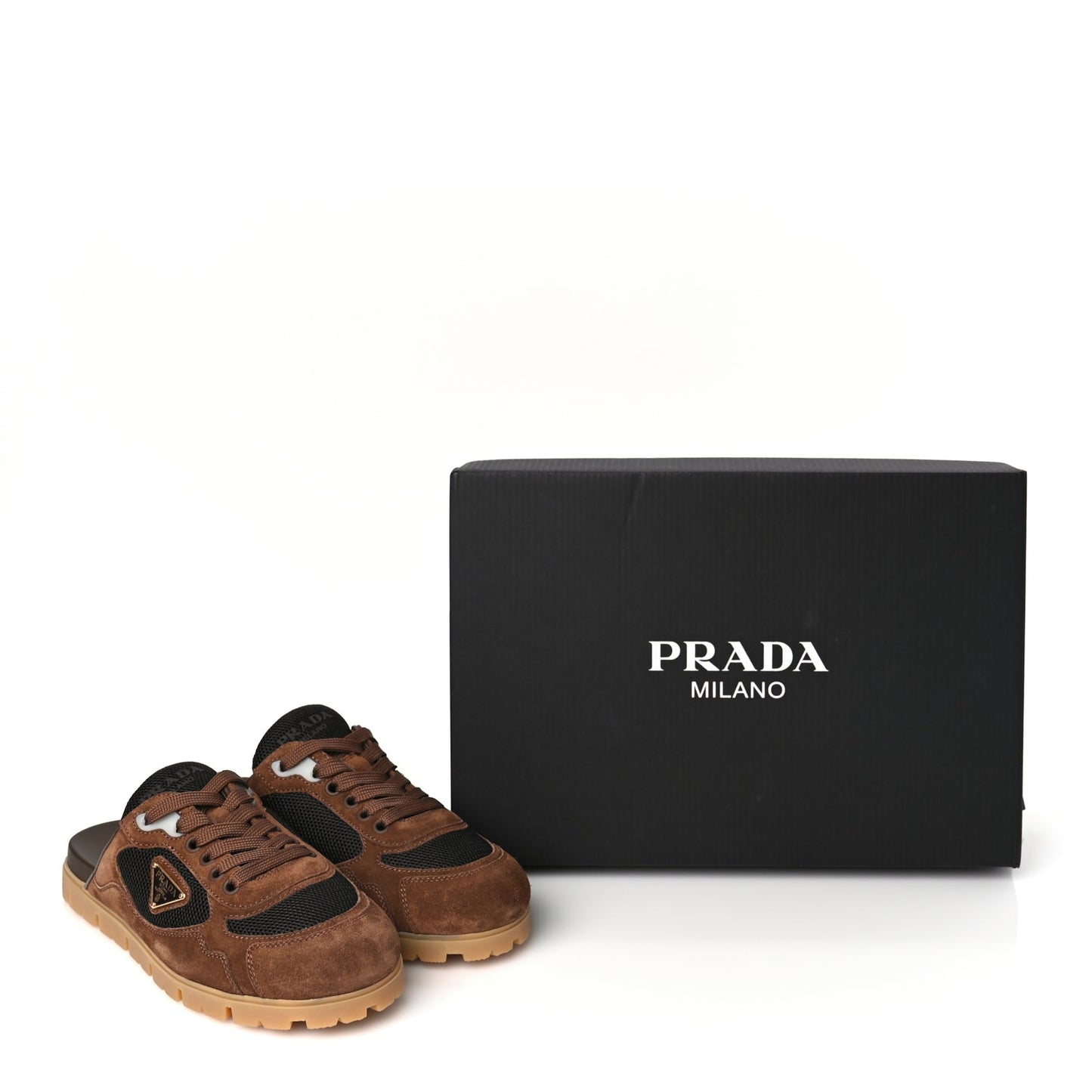 Prada Rete Scamosciato Triangle Logo Trail Mules 36 Cacao