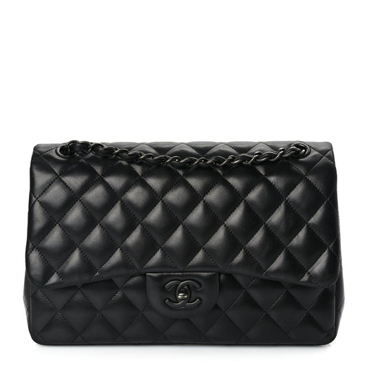 Chanel Lambskin Quilted Jumbo Double Flap So Black So Black