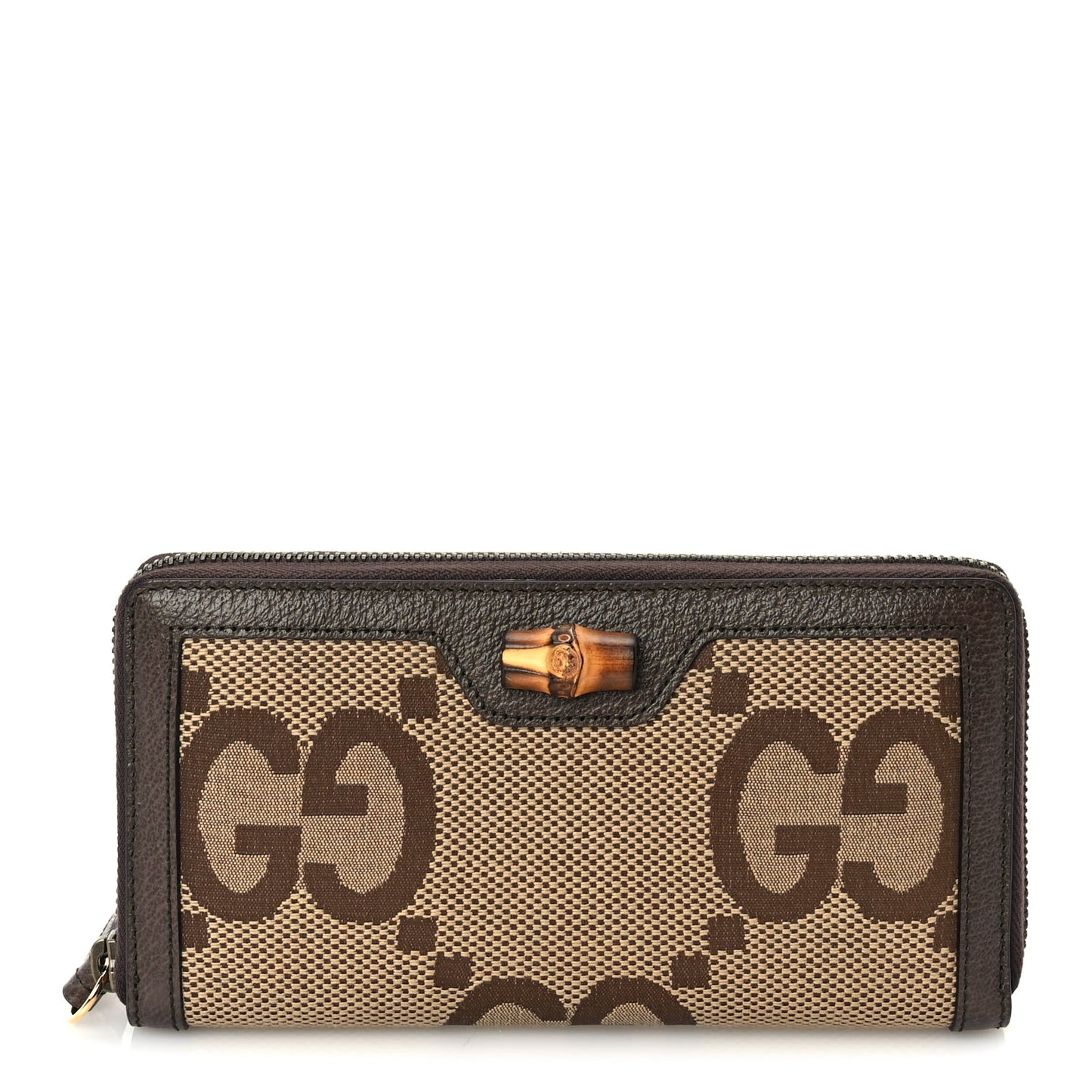 Gucci Monogram Jumbo GG Textured Dollar Calfskin Diana Zip Around Continental Wallet Camel Ebony New Acero
