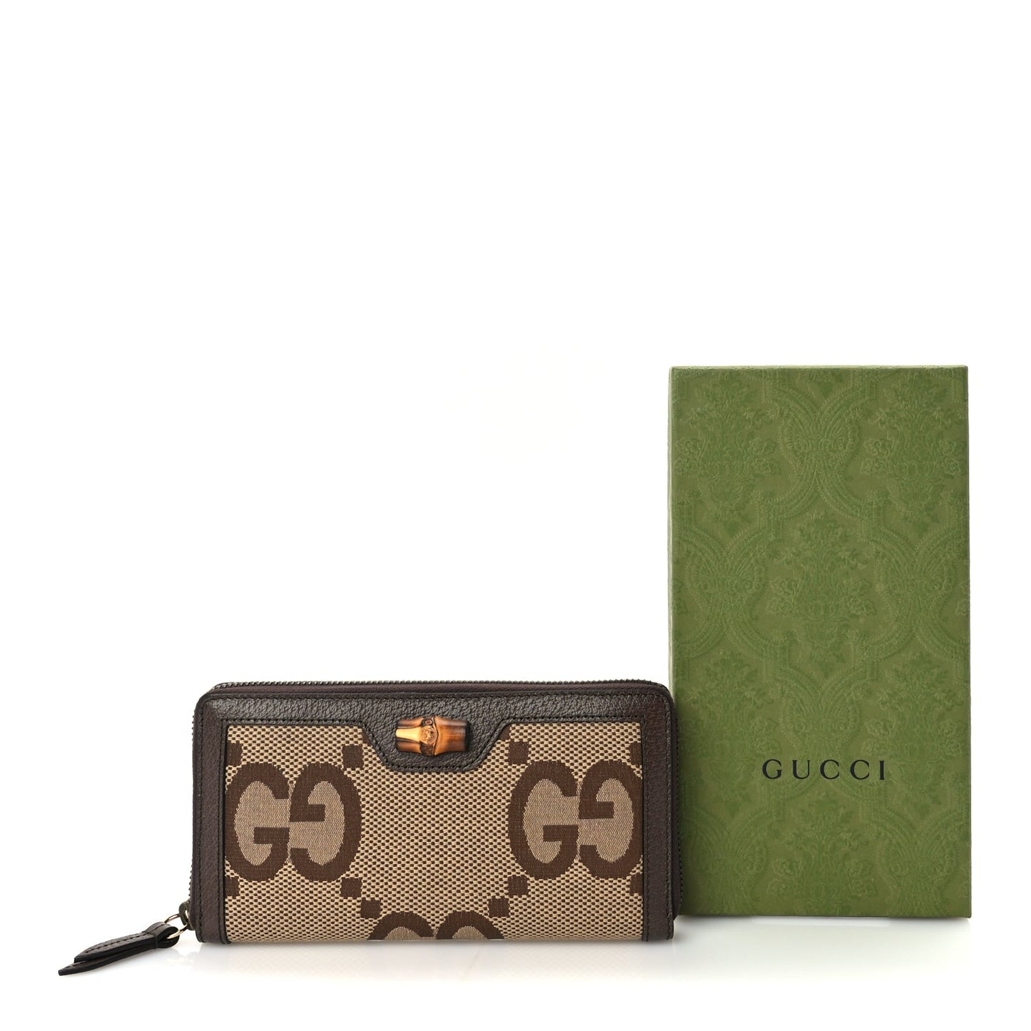 Gucci Monogram Jumbo GG Textured Dollar Calfskin Diana Zip Around Continental Wallet Camel Ebony New Acero