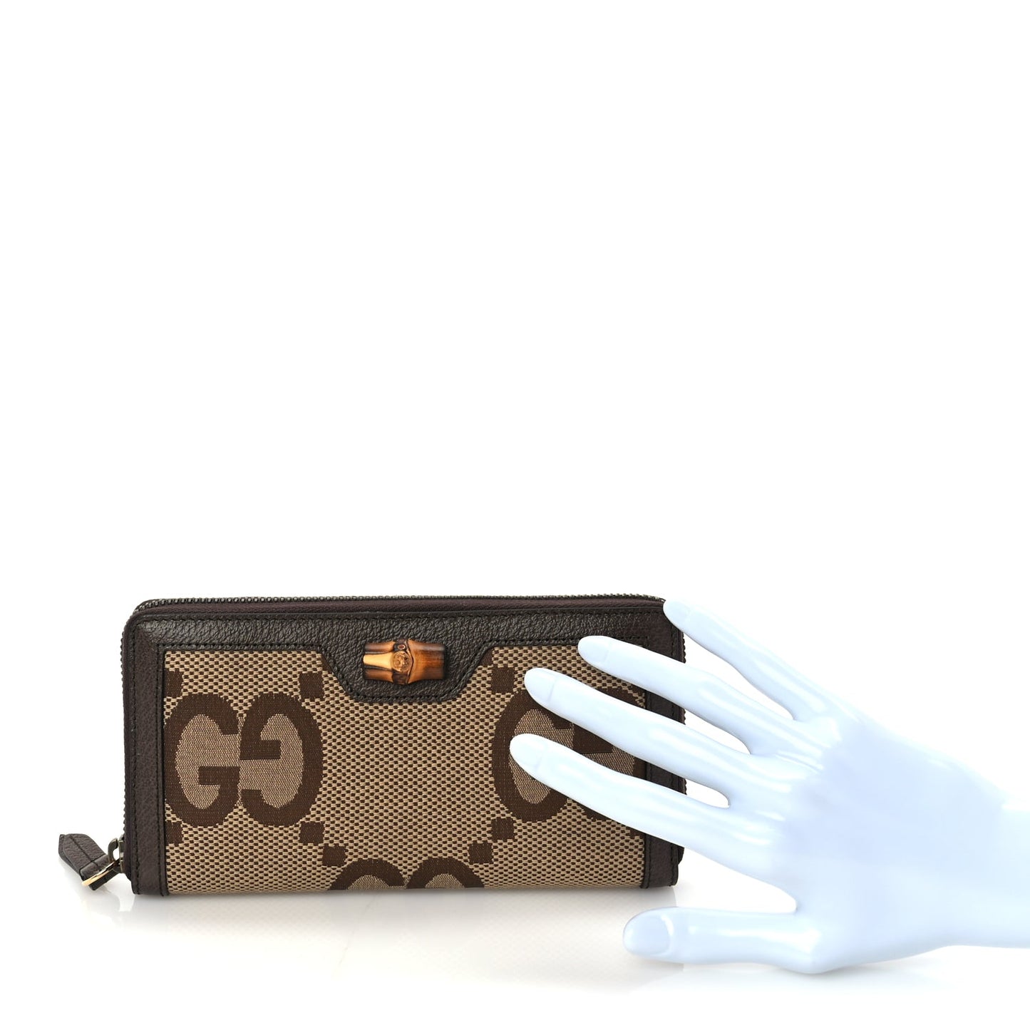 Gucci Monogram Jumbo GG Textured Dollar Calfskin Diana Zip Around Continental Wallet Camel Ebony New Acero