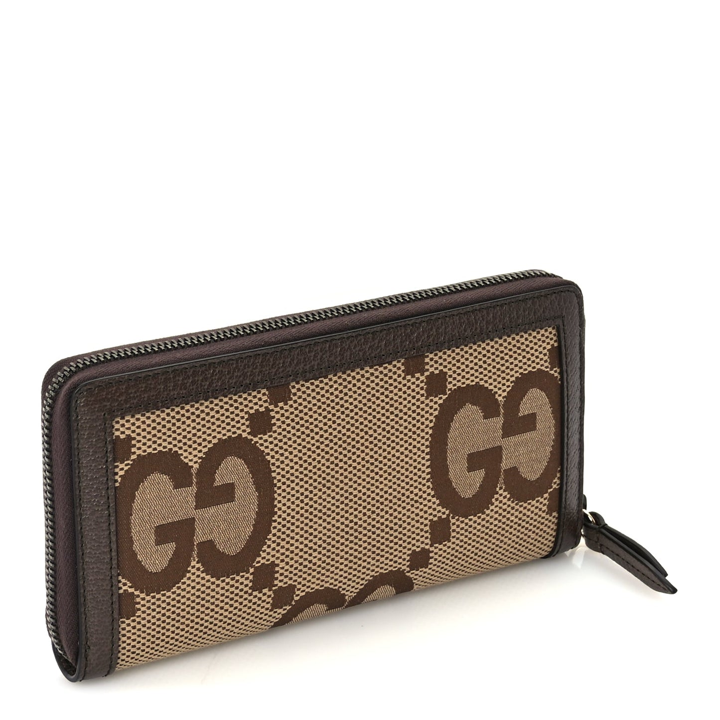 Gucci Monogram Jumbo GG Textured Dollar Calfskin Diana Zip Around Continental Wallet Camel Ebony New Acero