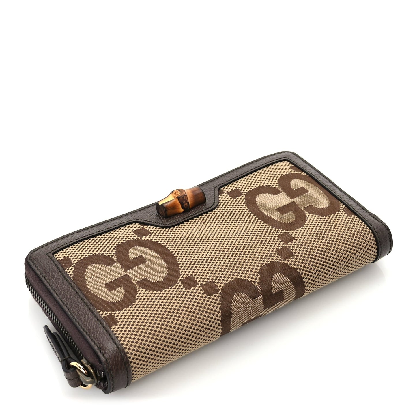 Gucci Monogram Jumbo GG Textured Dollar Calfskin Diana Zip Around Continental Wallet Camel Ebony New Acero