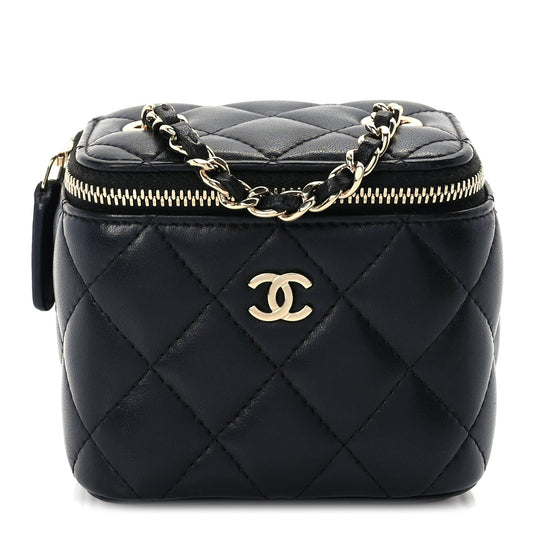 Chanel Lambskin Quilted Mini Vanity Case With Chain  Black