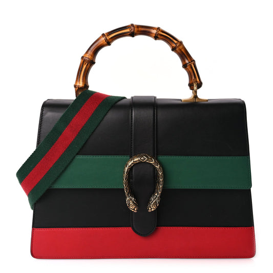 Gucci Calfskin Bamboo Web Large Dionysus Top Handle Bag Black Bright Evergreen Hibiscus Red